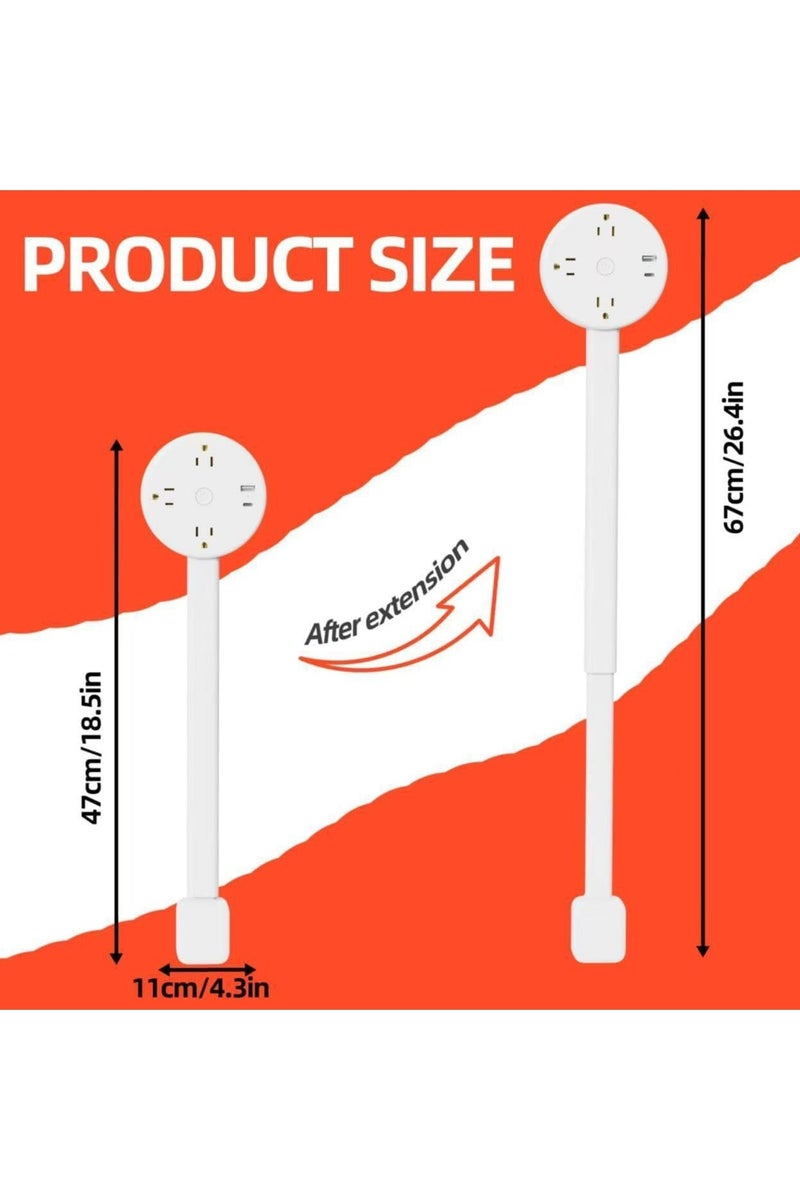 Extendable Outlet Extender Features USB-A/C,3 AC Electrical Outlet Extender Stick for Hard to Reach Spaces Extends 47-67cm,180° Rotating Electrical Outlet for Behind Couches,Nightstands (White) - Image 2