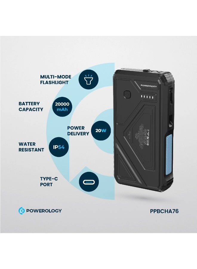 Powerology Power Bank 20000mAh Solar Wireless Charging PD 20W with 70mm Retractable Type-C/ 4-Device Charging / IP54 Water Resistant / 22.5W USB-A Output / Li-Polymer Battery / 5H Full-Charge Time / Multi-Mode Flashlight - Black  - Image 5