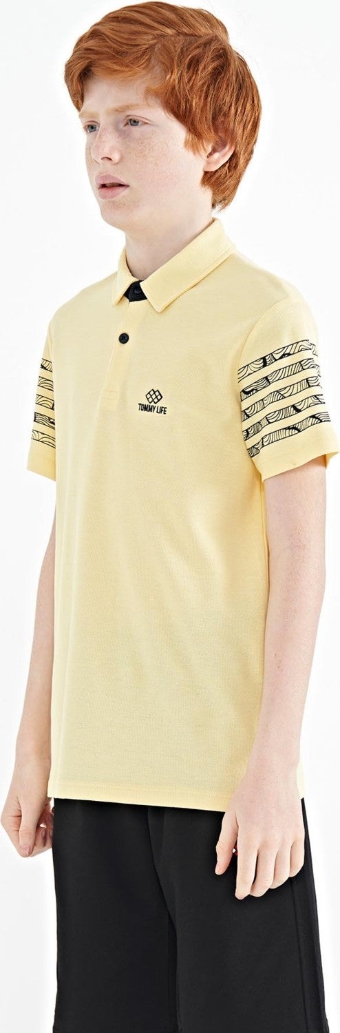 Tommy Life Yellow Sleeve Print Detailed Standard Size Polo Collar Boy's T-Shirt - 11093  - Image 5