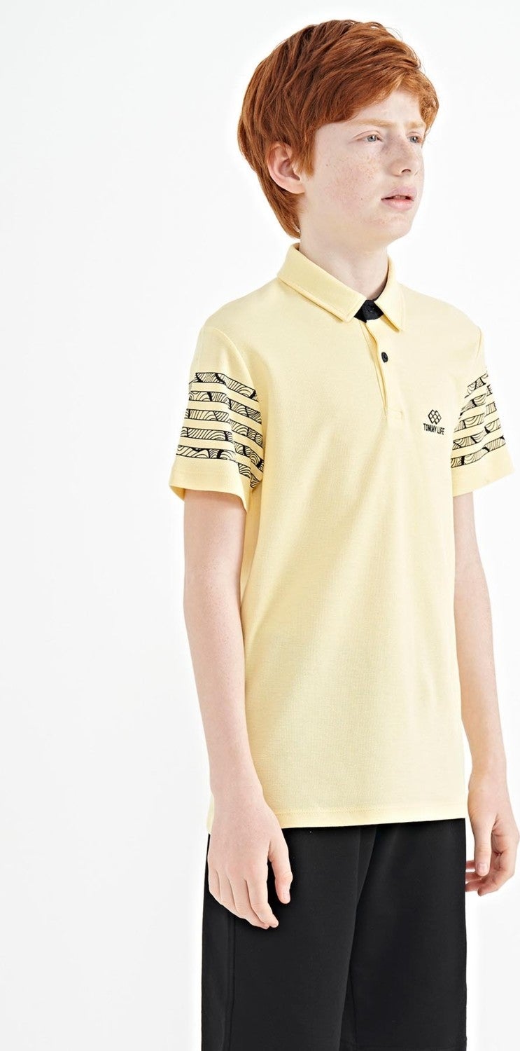 Tommy Life Yellow Sleeve Print Detailed Standard Size Polo Collar Boy's T-Shirt - 11093  - Image 4
