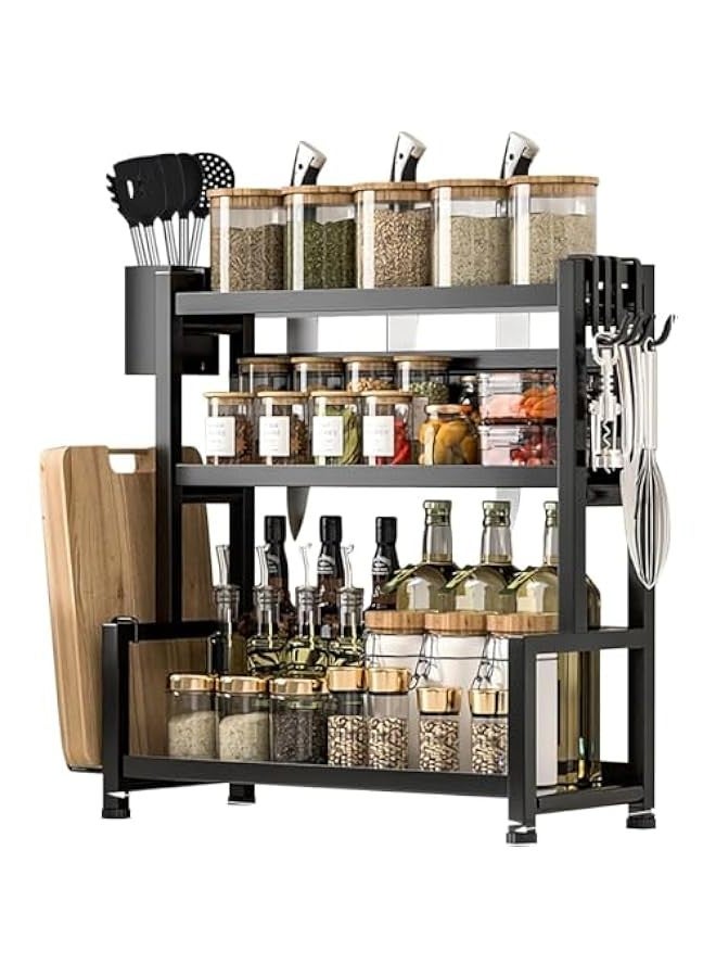 TRASSLE Multi-Functional 3-Tier Spice Rack Shelf Kitchen Organizer, Large Metal Storage Countertop Shelf with Hooks, Cutting Board, Utensil Organizer, Counter Shelf, Cubinet, Dining, Bathroom  - Image 1