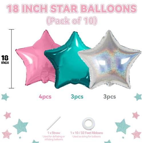 Biapian Pink and Teal Blue Star Foil Balloons 10PCS Laser Silver Foil Stars Shape Balloon 18 Inch Metallic Turquoise Stars Balloons Helium for Girls Women Birthday Mermaid Baby Shower Party Decoration - Image 5