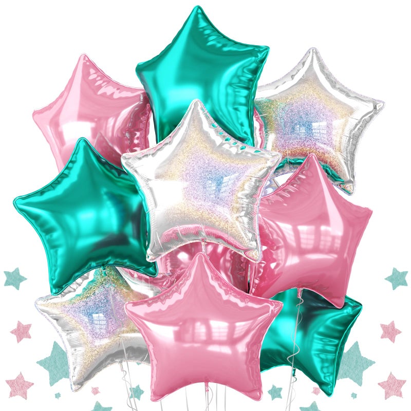 Biapian Pink and Teal Blue Star Foil Balloons 10PCS Laser Silver Foil Stars Shape Balloon 18 Inch Metallic Turquoise Stars Balloons Helium for Girls Women Birthday Mermaid Baby Shower Party Decoration - Image 3
