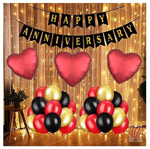HK balloons Pack Of 56 Pcs Happy Anniversary Decoration Items Kit Combo For Home Or Bedroom - Anniversary Banner, Metallic Rubber Balloons,Heart Shaped Foil Balloons And Led Lights - Image 1