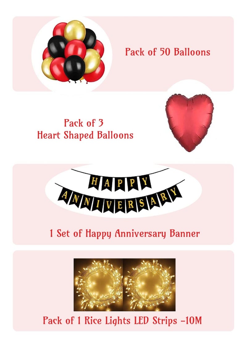 HK balloons Pack Of 56 Pcs Happy Anniversary Decoration Items Kit Combo For Home Or Bedroom - Anniversary Banner, Metallic Rubber Balloons,Heart Shaped Foil Balloons And Led Lights - Image 2