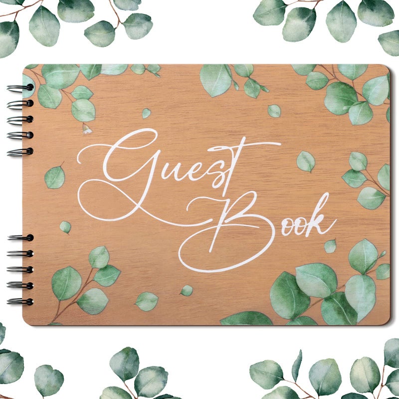 Karenhi Rustic Style Wooden Wedding Guest Book with 120 Pages Lined 114 x 83 Eucalyptus Boho Wedding Registry Guestbook Bridal Shower Guest Book for Reception Baby Shower Birthday Party