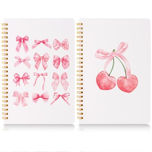 CNhoqc Pink Spiral Journal Notebook - 2 Pcs Pink Bow Cherry Watercolor Aesthetic College Ruled Lined Pages Hardcover Spiral Bound Journal Subject Notebook Work School Note Taking Removable Dividers - Image 1