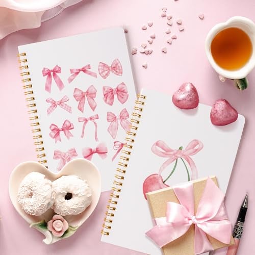 CNhoqc Pink Spiral Journal Notebook - 2 Pcs Pink Bow Cherry Watercolor Aesthetic College Ruled Lined Pages Hardcover Spiral Bound Journal Subject Notebook Work School Note Taking Removable Dividers - Image 3