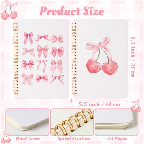 CNhoqc Pink Spiral Journal Notebook - 2 Pcs Pink Bow Cherry Watercolor Aesthetic College Ruled Lined Pages Hardcover Spiral Bound Journal Subject Notebook Work School Note Taking Removable Dividers - Image 2