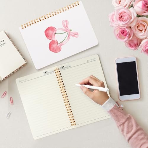 CNhoqc Pink Spiral Journal Notebook - 2 Pcs Pink Bow Cherry Watercolor Aesthetic College Ruled Lined Pages Hardcover Spiral Bound Journal Subject Notebook Work School Note Taking Removable Dividers - Image 5