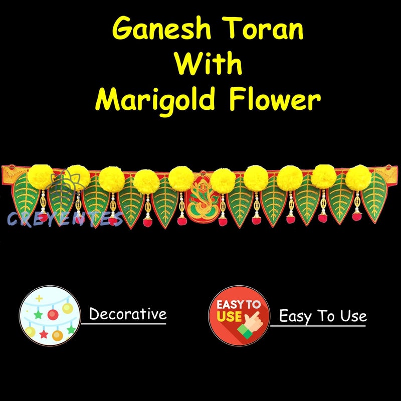 CREYENTES Ganesh Pan Toran With Artificial Marigold Flower Door Diwali Toran For Home Décor,Temple,Pooja Room,All Festival,Embroidery Work. Inches(Ganesh_Marigold),38 Inches - Image 2