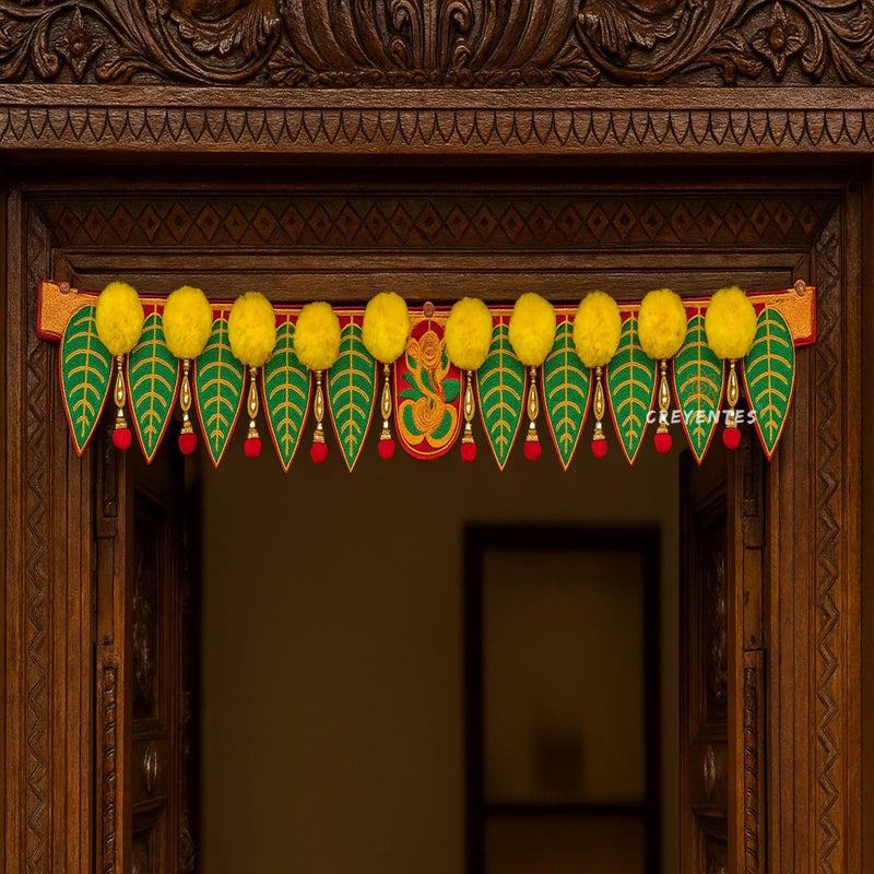 CREYENTES Ganesh Pan Toran With Artificial Marigold Flower Door Diwali Toran For Home Décor,Temple,Pooja Room,All Festival,Embroidery Work. Inches(Ganesh_Marigold),38 Inches - Image 1