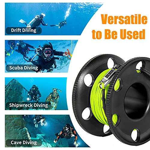 Pluzluce 100FT Scuba Diving Reel, Aluminum Alloy Large Scuba Spool Finger Reel with Double-Ended Bolt Snap Clip for Underwater Scuba Diving Snorkeling Spearfishing (Yellow Line Black Reel) - Image 2