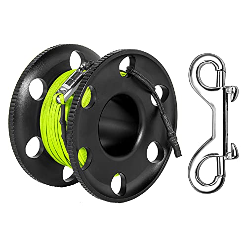 Pluzluce 100FT Scuba Diving Reel, Aluminum Alloy Large Scuba Spool Finger Reel with Double-Ended Bolt Snap Clip for Underwater Scuba Diving Snorkeling Spearfishing (Yellow Line Black Reel) - Image 1