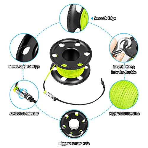 Pluzluce 100FT Scuba Diving Reel, Aluminum Alloy Large Scuba Spool Finger Reel with Double-Ended Bolt Snap Clip for Underwater Scuba Diving Snorkeling Spearfishing (Yellow Line Black Reel) - Image 4