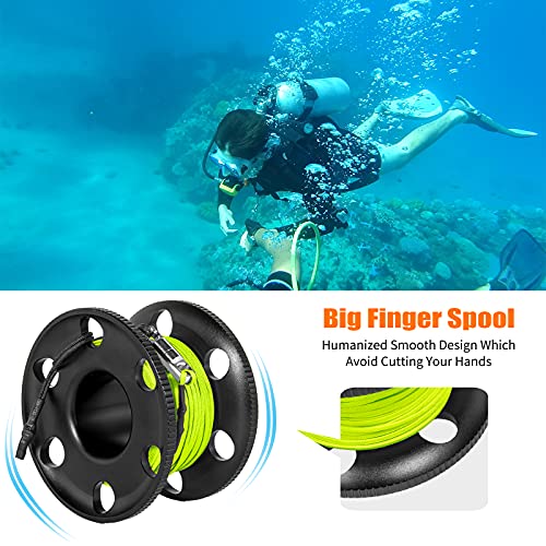 Pluzluce 100FT Scuba Diving Reel, Aluminum Alloy Large Scuba Spool Finger Reel with Double-Ended Bolt Snap Clip for Underwater Scuba Diving Snorkeling Spearfishing (Yellow Line Black Reel) - Image 3