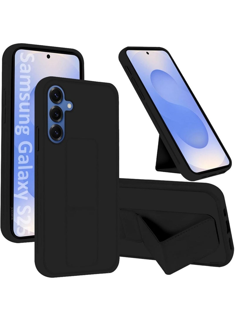 Case for Samsung Galaxy S25 Back Stand Case Magnetic Grip Car Holder Soft Silicone Kickstand Cover Wrist Strap Full protection Anti-Fingerprint Case for Galaxy S25 (S25, Black) - Image 1