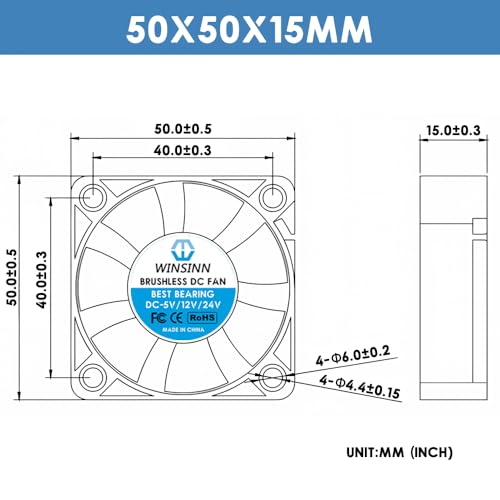 WINSINN 50mm 24V Fan - Dual Ball Bearing 6500 RPM 5015 Cooling Fan Replacement for 3D Printer/Power Supplies/DIY Projects, 30cm Cable with XH2.54-2PIN, Brushless 50x15mm (4Pcs) - Image 2