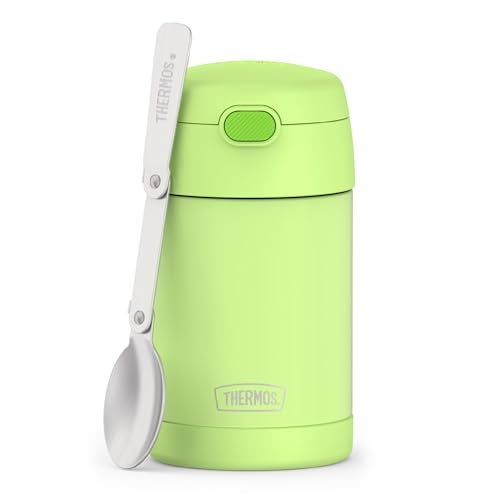 THERMOS FUNTAINER 16 Ounce Stainless Steel Vacuum Insulated Food Jar with Folding Spoon, Neon Lime - Image 1