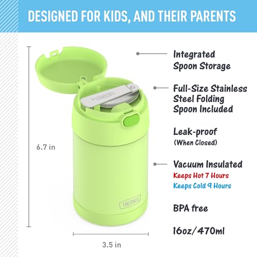 THERMOS FUNTAINER 16 Ounce Stainless Steel Vacuum Insulated Food Jar with Folding Spoon, Neon Lime - Image 2