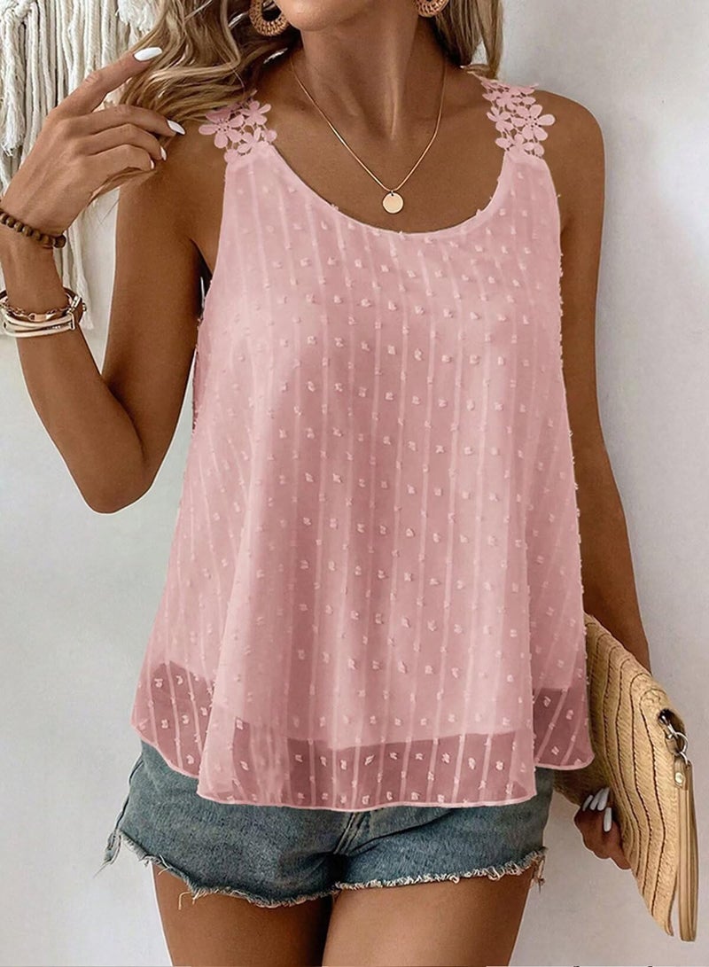 Falechay Boho Tank Top for Women Summer Crochet Eyelet Swiss Dot Womens Tops Holiday Elastic Loop Dressy Casual Crew Neck Flowy Blouses Fall Work Pink Country Cute Shirts S - Image 4