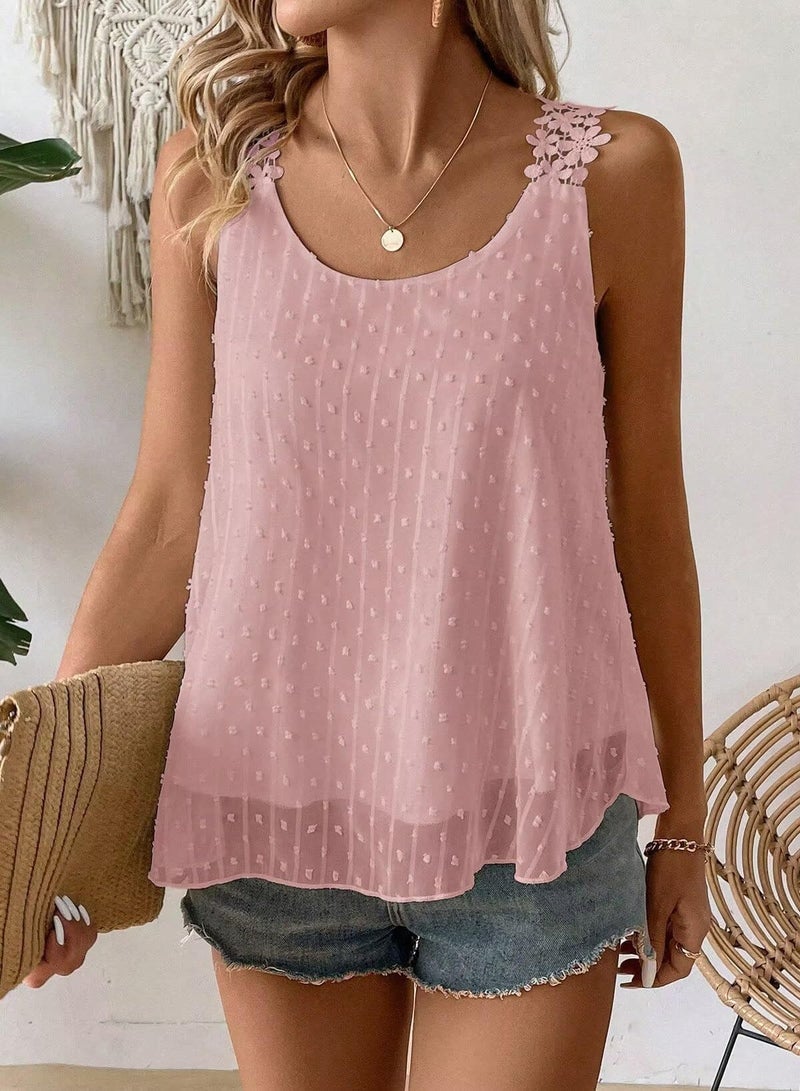 Falechay Boho Tank Top for Women Summer Crochet Eyelet Swiss Dot Womens Tops Holiday Elastic Loop Dressy Casual Crew Neck Flowy Blouses Fall Work Pink Country Cute Shirts S - Image 2
