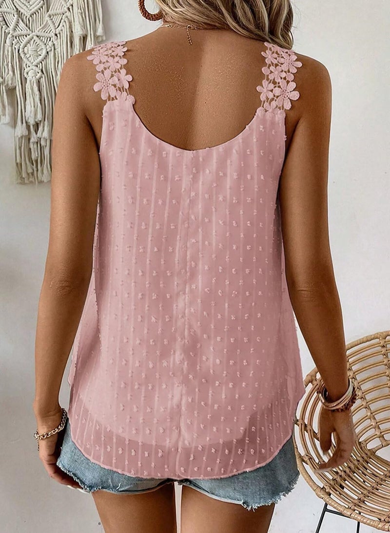 Falechay Boho Tank Top for Women Summer Crochet Eyelet Swiss Dot Womens Tops Holiday Elastic Loop Dressy Casual Crew Neck Flowy Blouses Fall Work Pink Country Cute Shirts S - Image 3