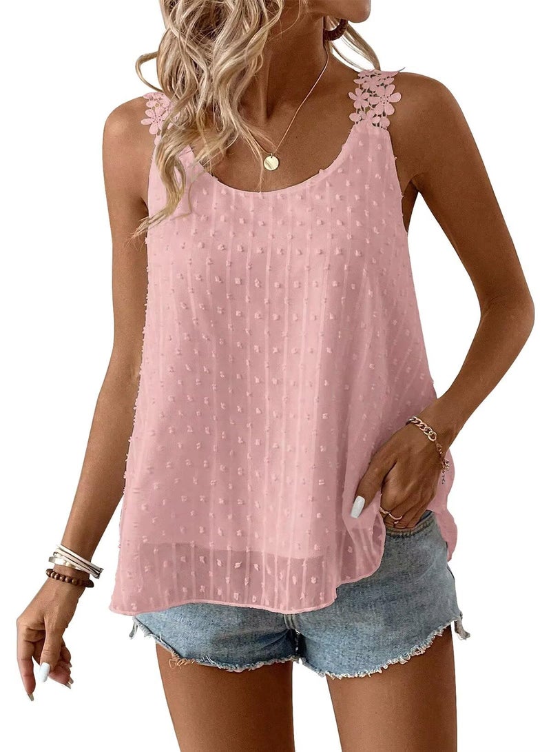 Falechay Boho Tank Top for Women Summer Crochet Eyelet Swiss Dot Womens Tops Holiday Elastic Loop Dressy Casual Crew Neck Flowy Blouses Fall Work Pink Country Cute Shirts S - Image 1