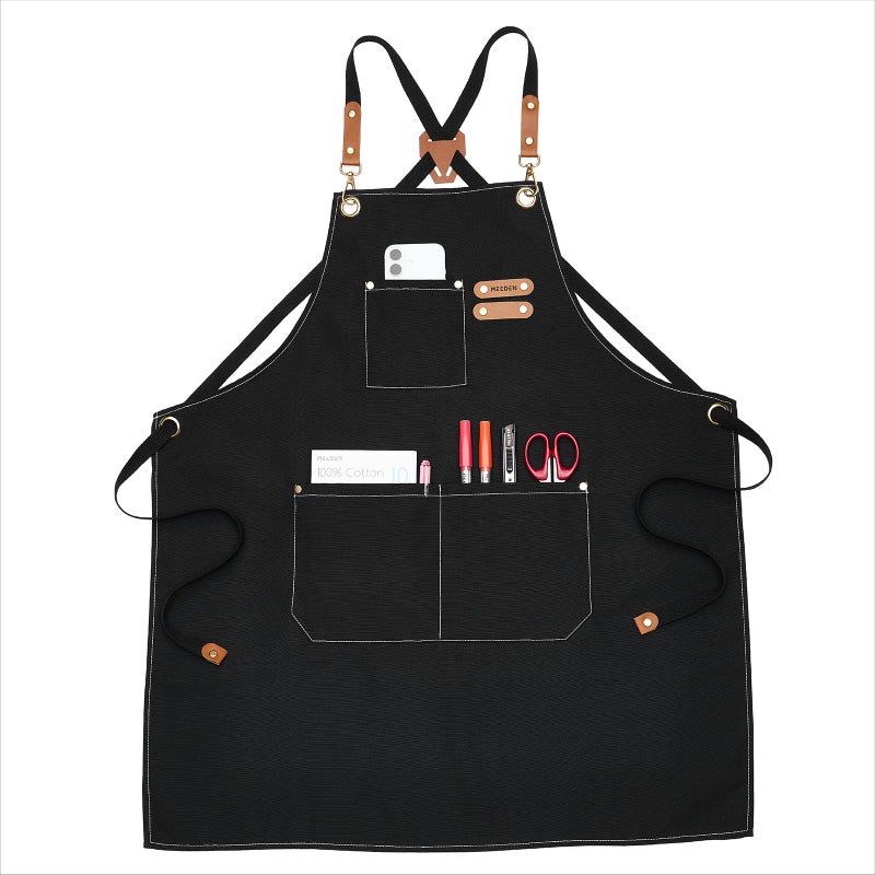 MEEDEN Painting Apron for Men Women: Adjustable Cross Back Waterproof Polyester Canvas Art Apron with 3 Pockets - Artist Apron for Acrylic Oil & Watercolor Painting, Gardening, Cooking - Black - Image 1