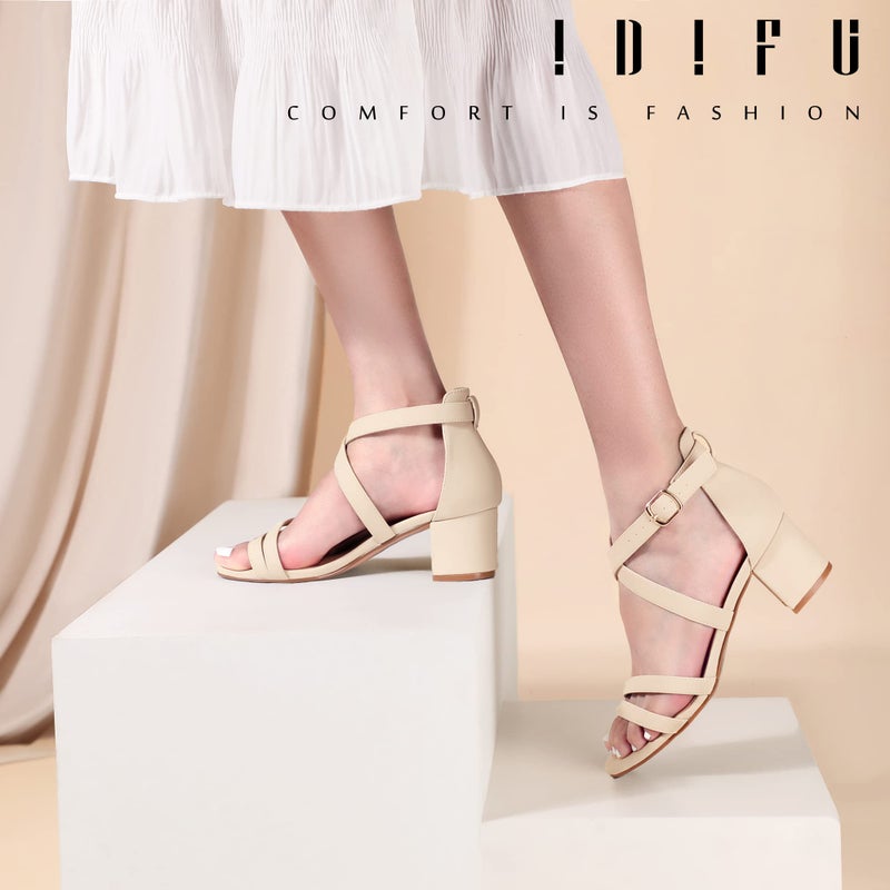 IDIFU Women's Block Low Chunky Heel Strappy Sandals Open Toe Ankle Strap Dress Wedding Evening Shoe for Women Bridal (Nude Nubuck, 8.5 M US) - Image 2