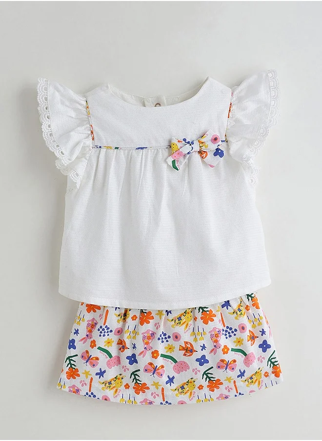 ون فرايدي One Friday Infant White Regular Fit Frill Sleeve Solid Top with Printed Skirt