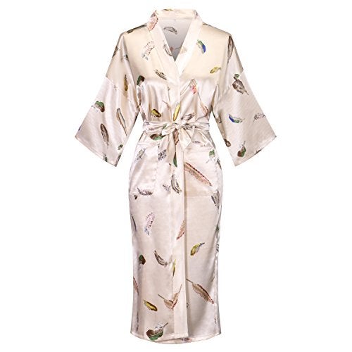 Valennia Women Long Silky Bathrobe Satin Kimono Robe Floral Printed Dressing Gown Sleepwear Champagne Feather - Image 5