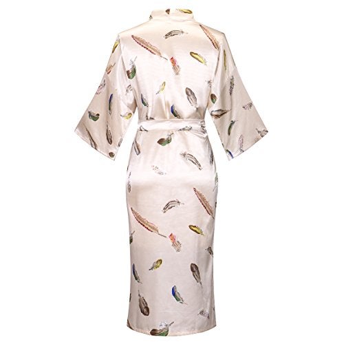 Valennia Women Long Silky Bathrobe Satin Kimono Robe Floral Printed Dressing Gown Sleepwear Champagne Feather - Image 2