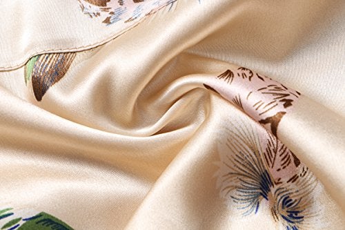 Valennia Women Long Silky Bathrobe Satin Kimono Robe Floral Printed Dressing Gown Sleepwear Champagne Feather - Image 4