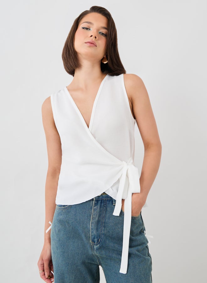 Styli Styli Solid V-Neck Sleeveless Wrap Top  - Image 3