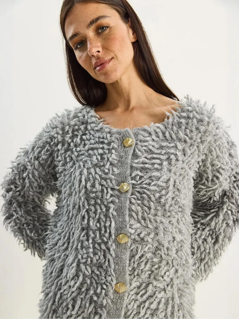 Bianco Lucci Grey LUCCI Textured Button-Up Cardigan for Women | Best Price UAE