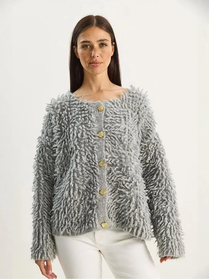 Bianco Lucci Grey LUCCI Textured Button-Up Cardigan for Women | Best Price UAE