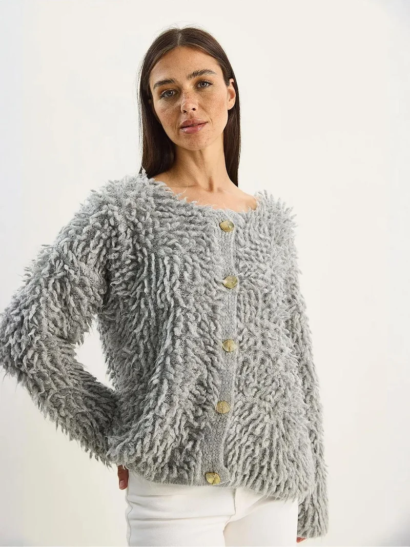 Bianco Lucci Grey LUCCI Textured Button-Up Cardigan for Women | Best Price UAE