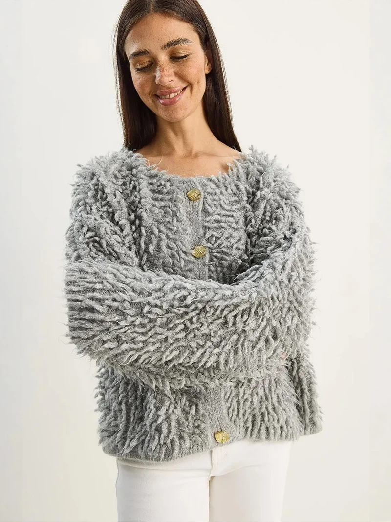 Bianco Lucci Grey LUCCI Textured Button-Up Cardigan for Women | Best Price UAE