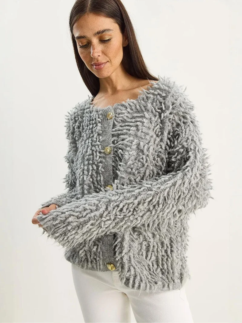 Bianco Lucci Grey LUCCI Textured Button-Up Cardigan for Women | Best Price UAE