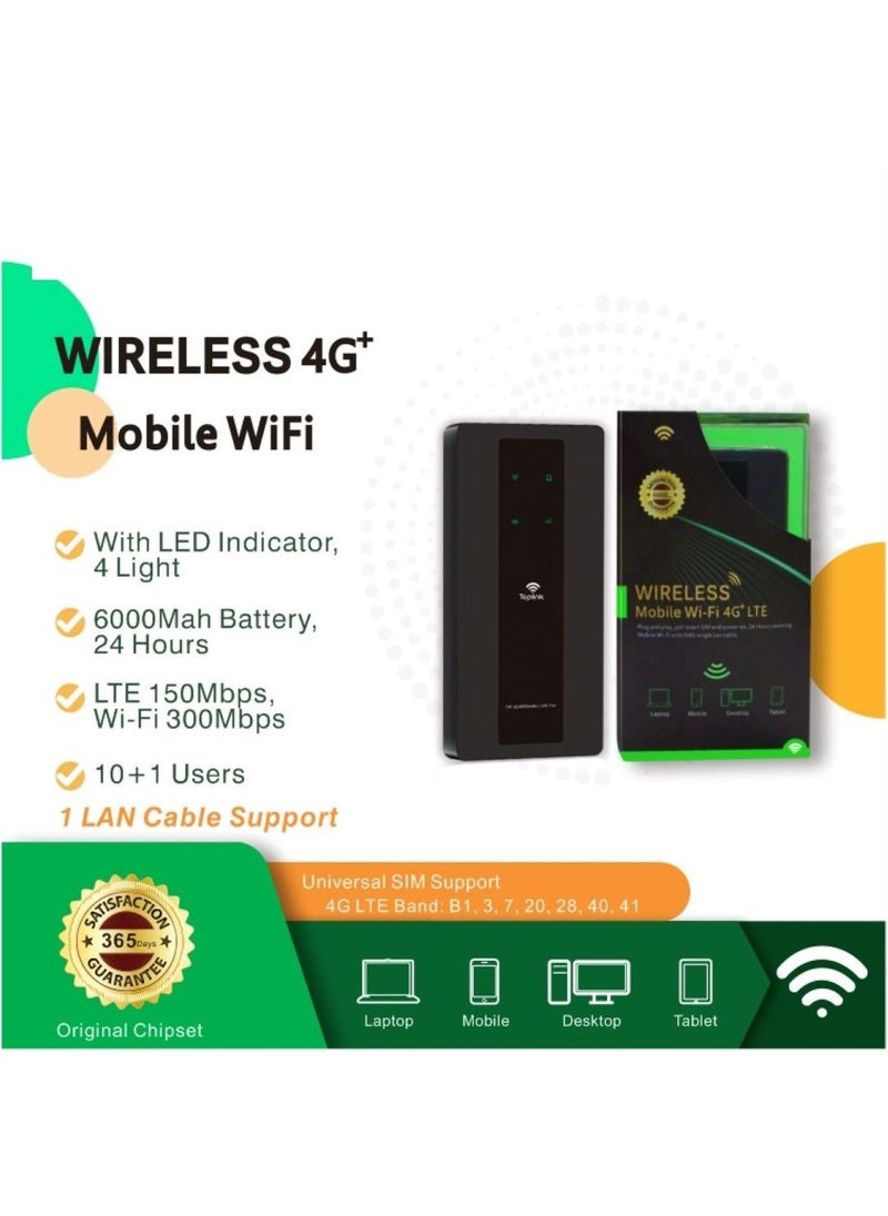 Generic - Mobile 4G+ Wifi LTE With RJ45 Lan Cable and 6000mah Battery With LED Indicator 4 Light  HW85 BLACK - Image 1