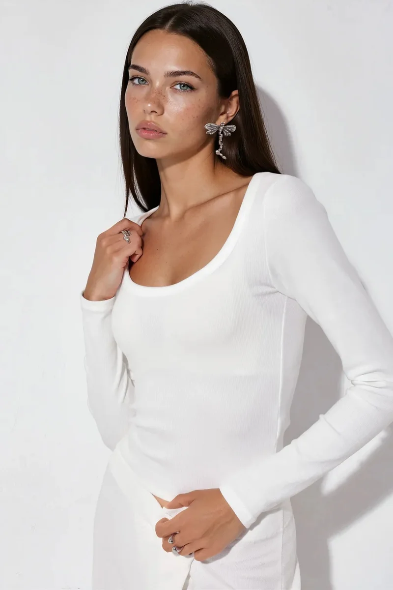 بوسيم BUSEM Women's Ribbed Slim-Fit Long-Sleeve Top