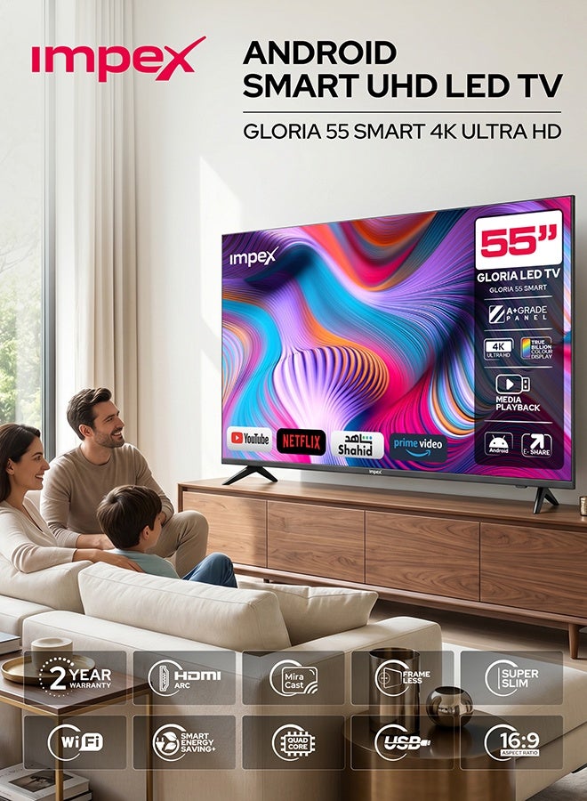 Impex 55 Inch 4K Ultra HD Smart LED TV, 3840x2160 Resolution, Latest Android Version Television, Quad Core, Frameless Slim Design, A+ Panel, WiFi/HDMI/USB, 176° Wide Viewing, Smart Energy Saving, E- Share Screen Share, 2 Year Warranty - Gloria 55 UHD Smart, Black GLORIA 55 UHD SMART Black - Image 2