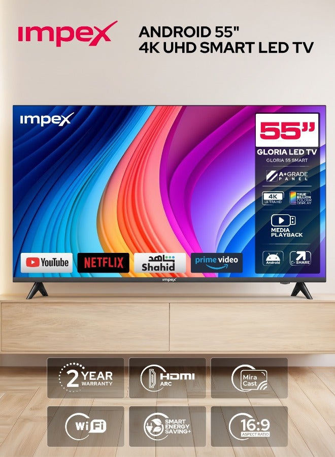 Impex 55 Inch 4K Ultra HD Smart LED TV, 3840x2160 Resolution, Latest Android Version Television, Quad Core, Frameless Slim Design, A+ Panel, WiFi/HDMI/USB, 176° Wide Viewing, Smart Energy Saving, E- Share Screen Share, 2 Year Warranty - Gloria 55 UHD Smart, Black GLORIA 55 UHD SMART Black - Image 1