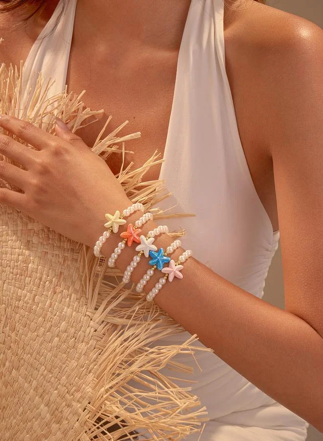 Take Two Pack of 5 - Multi-Color Starfish and Pearl Beaded Bracelets