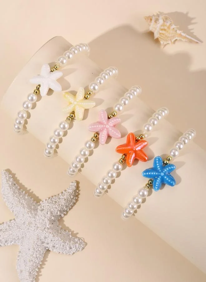 Take Two Pack of 5 - Multi-Color Starfish and Pearl Beaded Bracelets