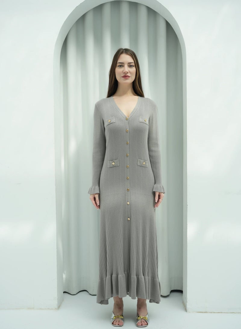 Andy 2330 | Elegant Button-Down Ribbed Knit Maxi Dress with Flared Cuffs and Ruffle Hem - Stylish and Comfortable | Grayish Brown - Image 1