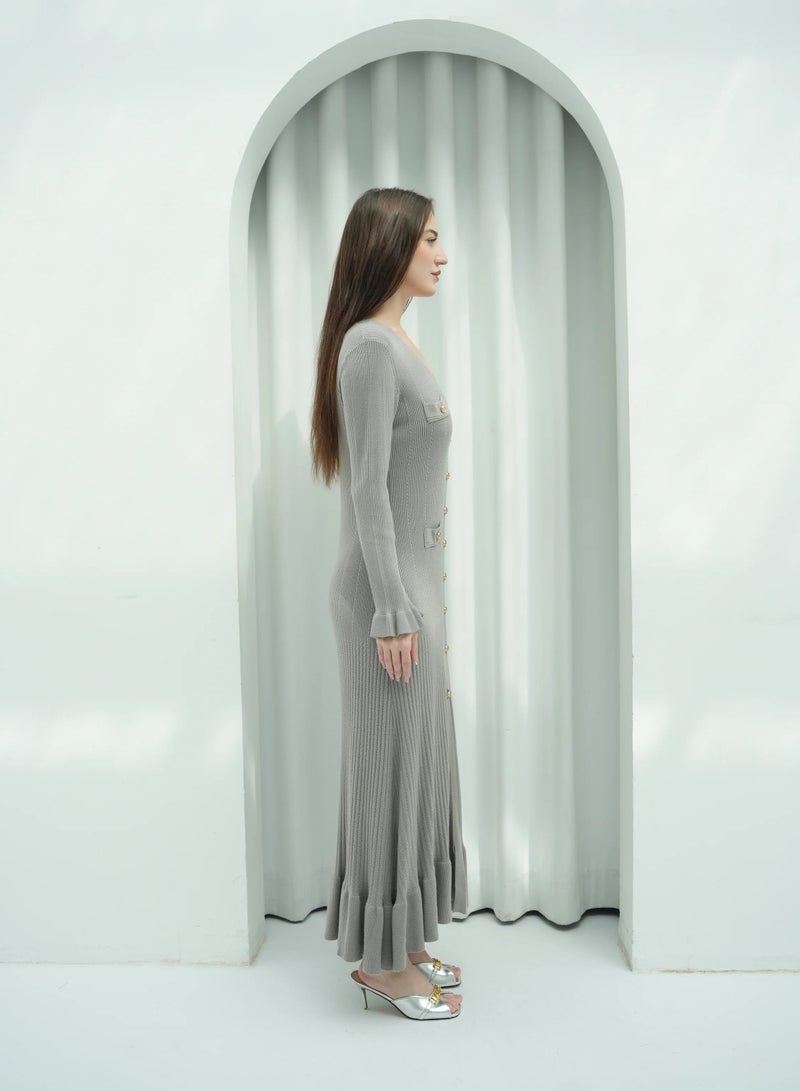 Andy 2330 | Elegant Button-Down Ribbed Knit Maxi Dress with Flared Cuffs and Ruffle Hem - Stylish and Comfortable | Grayish Brown - Image 2