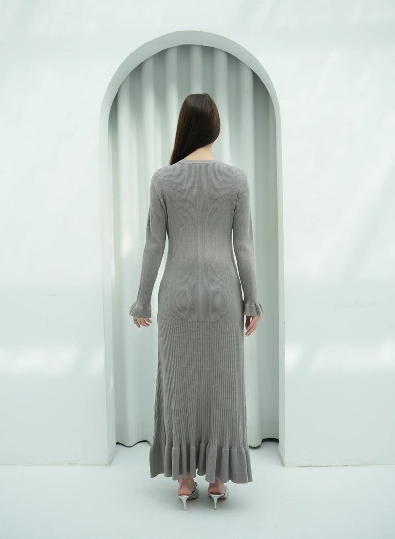 Andy 2330 | Elegant Button-Down Ribbed Knit Maxi Dress with Flared Cuffs and Ruffle Hem - Stylish and Comfortable | Grayish Brown - Image 3
