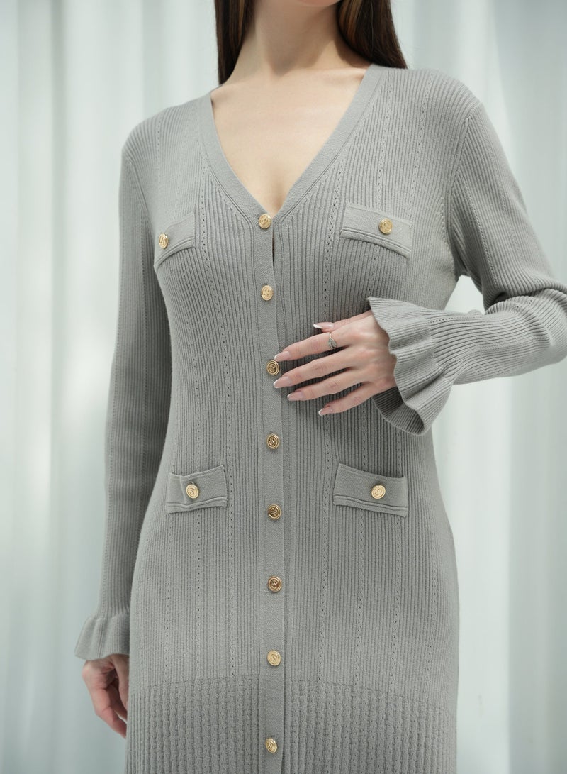 Andy 2330 | Elegant Button-Down Ribbed Knit Maxi Dress with Flared Cuffs and Ruffle Hem - Stylish and Comfortable | Grayish Brown - Image 4